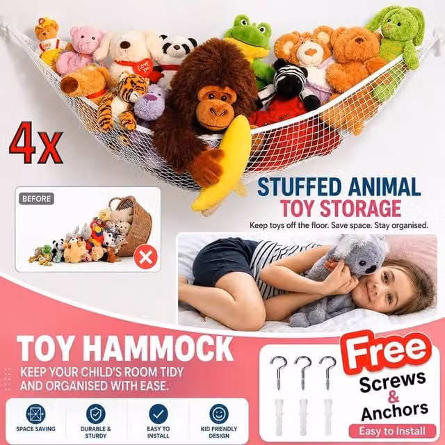 ATEK 4 Pack White Metal Wall Mounted Toy Hammock for Stuffed Animal Storage