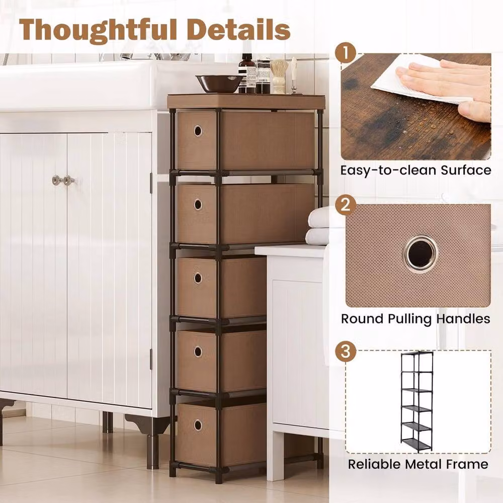 Kelvenix Narrow Slim Storage Tower Dresser with 5 Drawers in Brown – 3