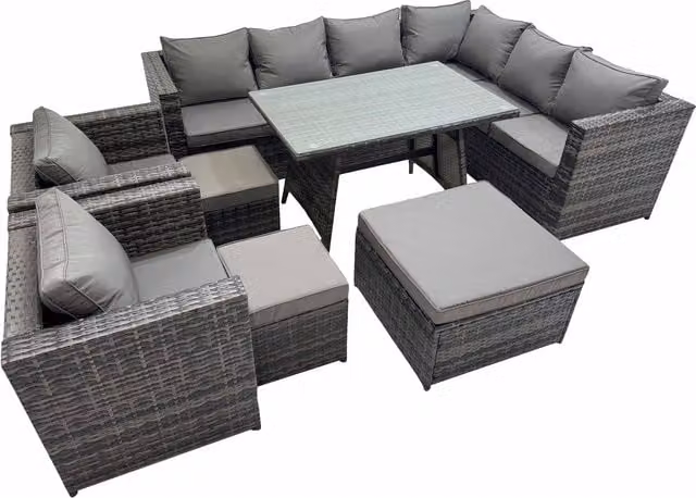 Fimous 11-Seater Rattan Patio Set in Dark Grey Mixed with Glass and Metal