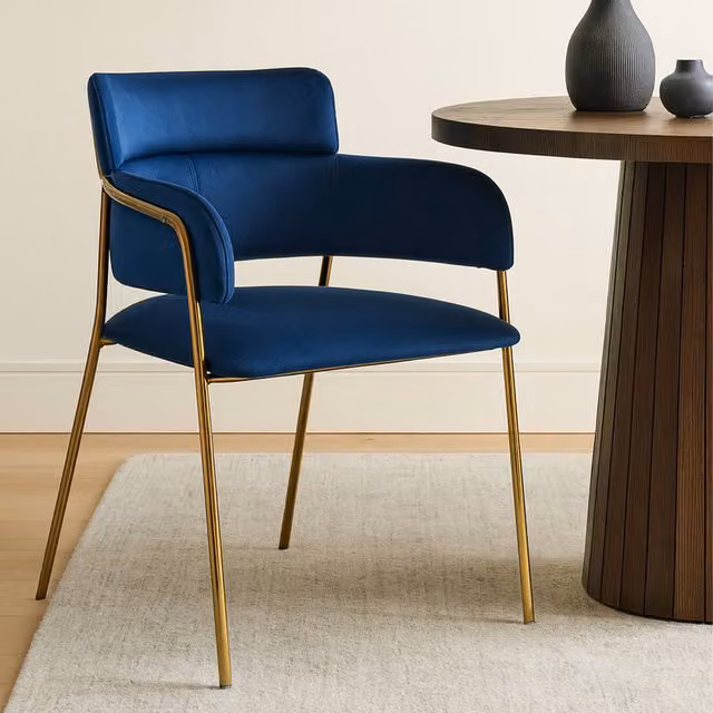 Interiors by Premier Mid-Century Blue Velvet Dining Chair with Gold Metal Frame