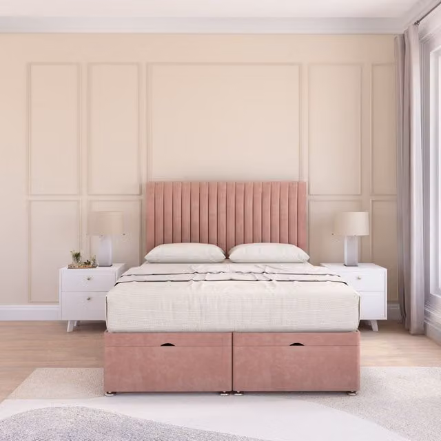 Sloomy Manhattan Pink Plush Fabric Ottoman Bed with 26 Inch Headboard and Hybrid Memory Mattress, Small Single