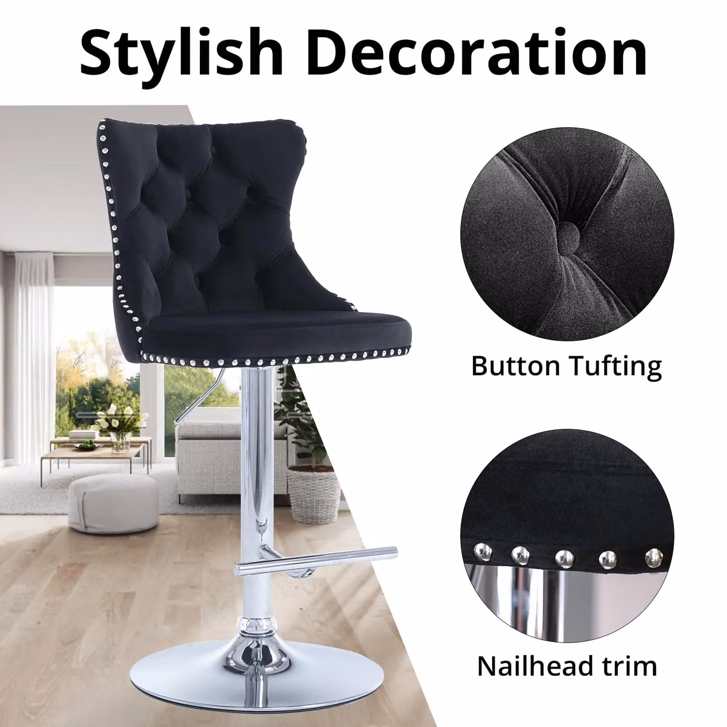 HomeTouch Vero Set of 4 Luxury Black Velvet Swivel Bar Stools – 2
