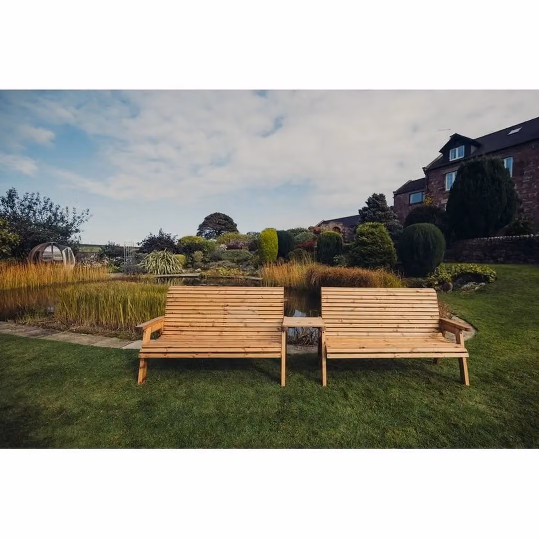 Churnet Valley Garden Furniture Ltd Valley 2X3B Set Straight Tray Brown Treated Hardwood Outdoor 3 Seater Sofa with Cushions – 2