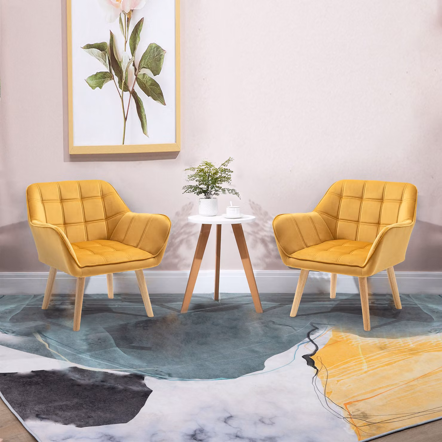 HOMCOM Yellow Velvet Armchair with Wide Arms and Metal Frame and Wooden Legs – 2