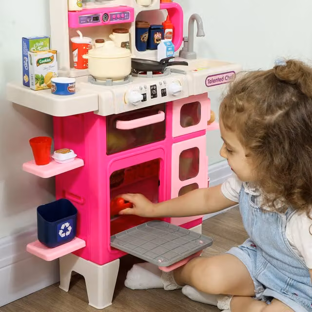 AIYAPLAY 104-Piece Kids Kitchen Cooking Pretend Role Play Set with Realistic Lights in Pink