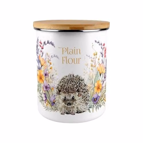 Purely Home Floral Hedgehog Enamel Plain Flour Storage Canister, White, 2.7 l – 1