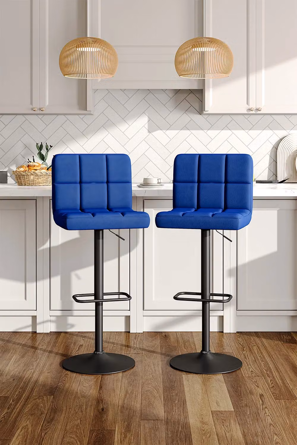 Living and Home Set of 2 Blue Velvet Upholstered Bar Stools with Low Backrest and Metal Legs – 2