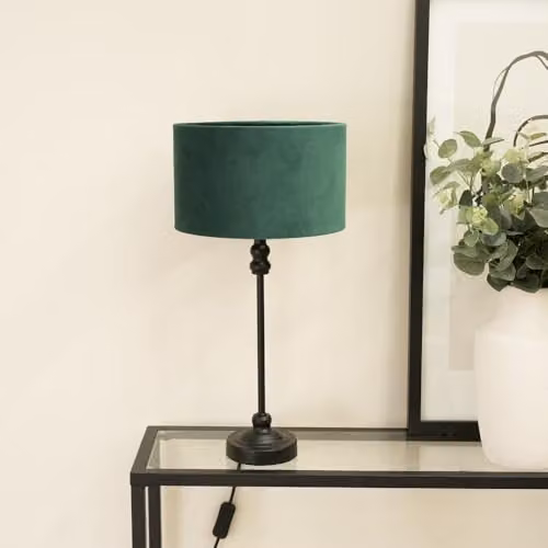ValueLights Maggie Black Metal Candlestick Slim Table Lamp with Green Velvet Drum Shade – 2