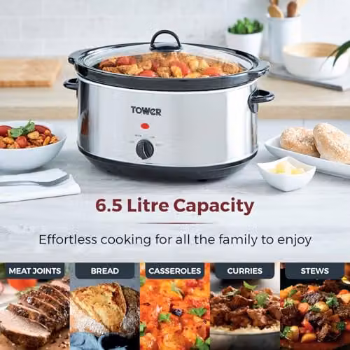 Tower Slow Cooker in Silver with 6.5L Capacity, 3 Heat Settings and Dishwasher Safe Parts – 2