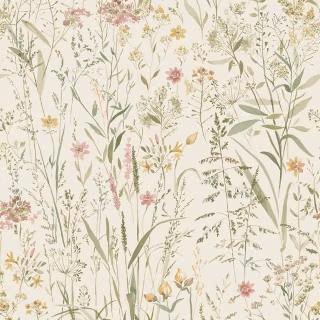Grandeco Free Flower Sprigs & Grass Wallpaper in Natural, Blue, Green, Purple and Multicolour