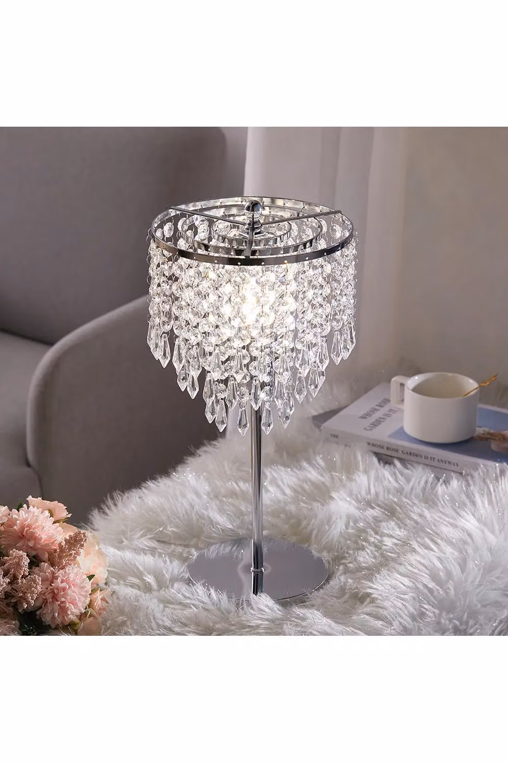 Living and Home Small Crystal Table Lamp with Round Base in Transparent and Multicolour – 3