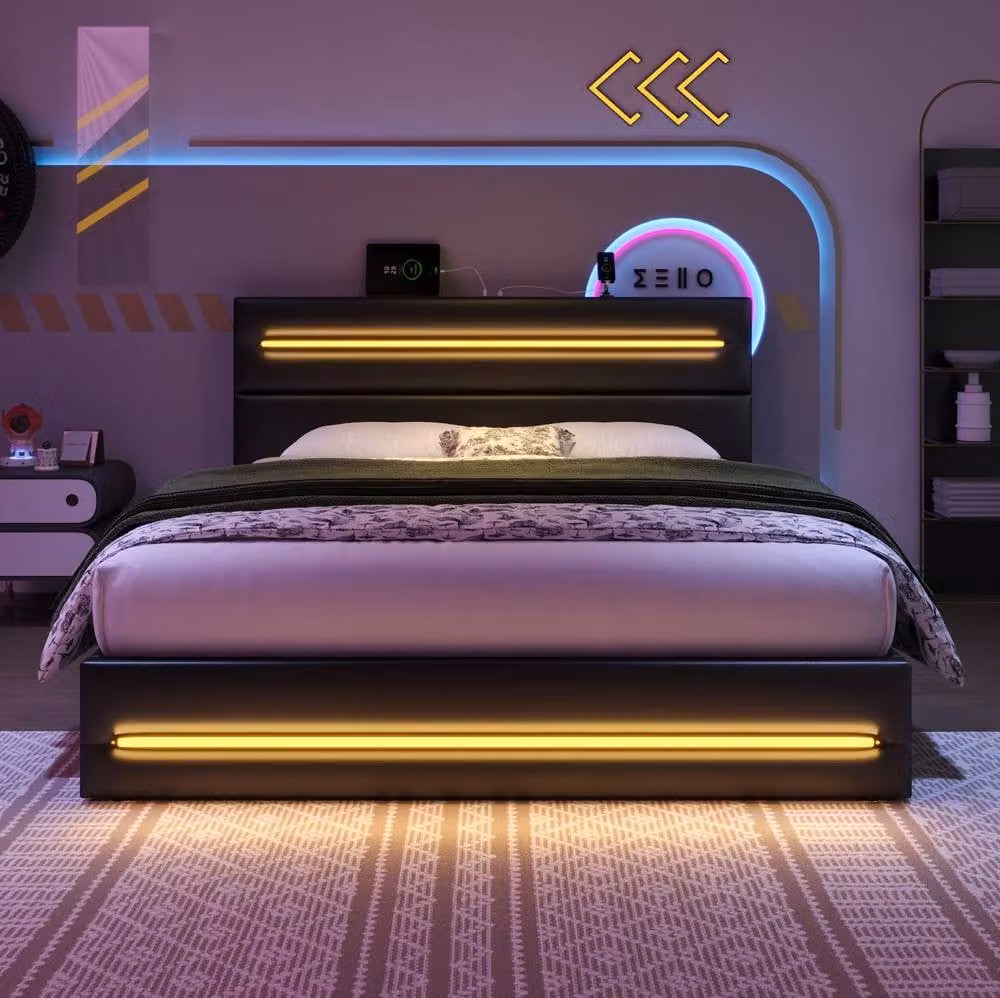 STILVORA King Size Ottoman Bed with Under-Bed LED Lighting and USB Charging Ports in Black – 1