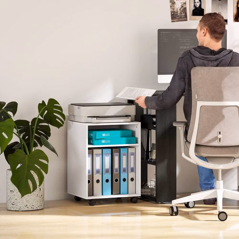 STILVORA Printer Stand with Storage and Castors, White – 7