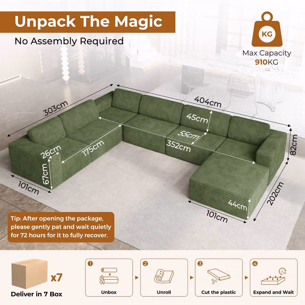 Dprodo 6-Seater Corduroy Modular L-Shape Corner Sofa in Green with Matching Ottoman – 2