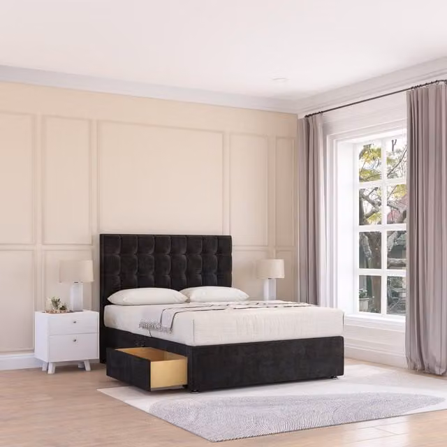 Sloomy Alabama Plush Velvet Memory Foam Bed Set with 2 Drawers, Mattress and Headboard in Black, W/D/H: 90 x 200 cm