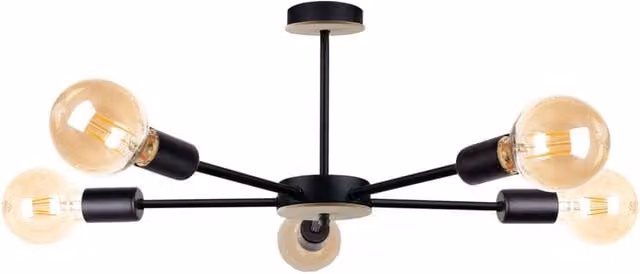 Netlighting Sun Multi Arm Semi Flush Ceiling Light in Black and Wood, Diameter: 48 cm, 5x E27