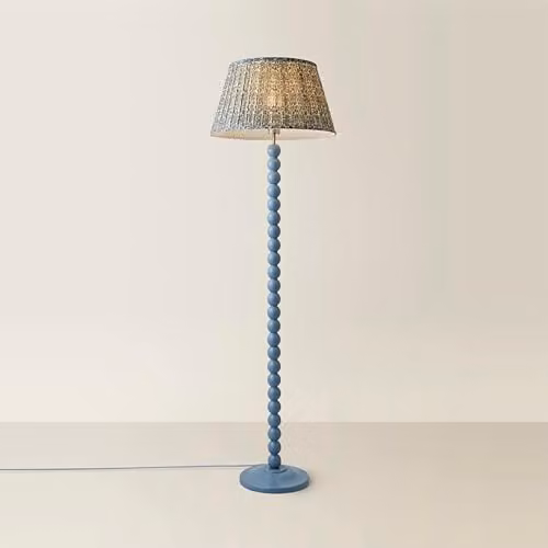 ValueLights Bobbins Blue Floor Lamp with Wood Base and Fabric Shade – 1