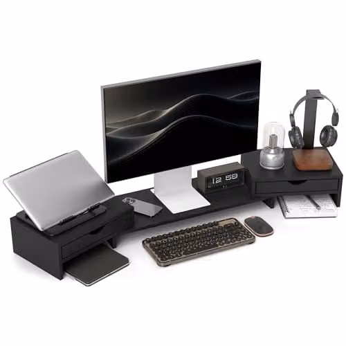 HOMCOM Dual Monitor Stand Riser with 2 Drawers for Laptop, Black