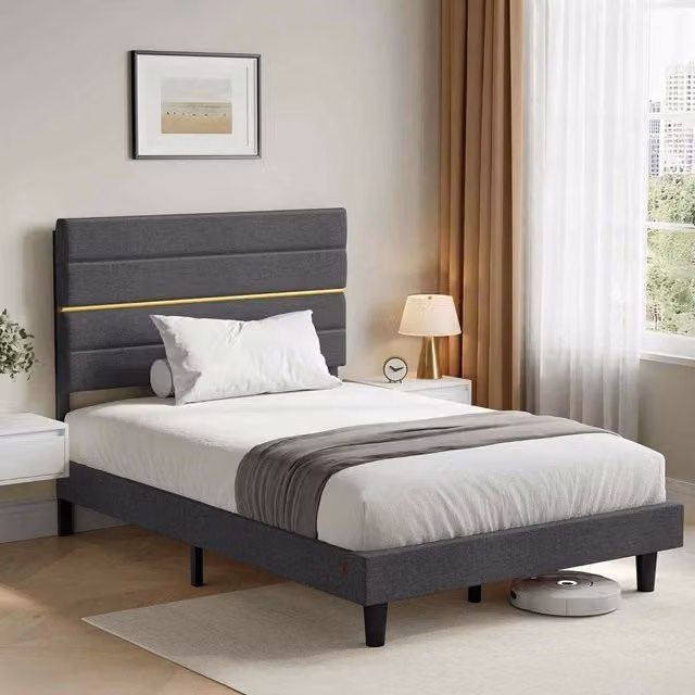 The Bazaarist Small Double Bed Frame with Upholstered Fabric Headboard and Wooden Slats, Grey, W/D/H: 120 x 200 x 116.5 cm