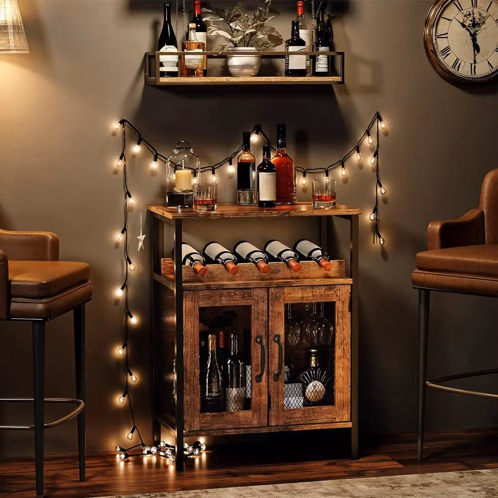 Living and Home Wooden Wine Bar Cabinet with Wine Rack and Stemware Holders in Grey and Brown – 2