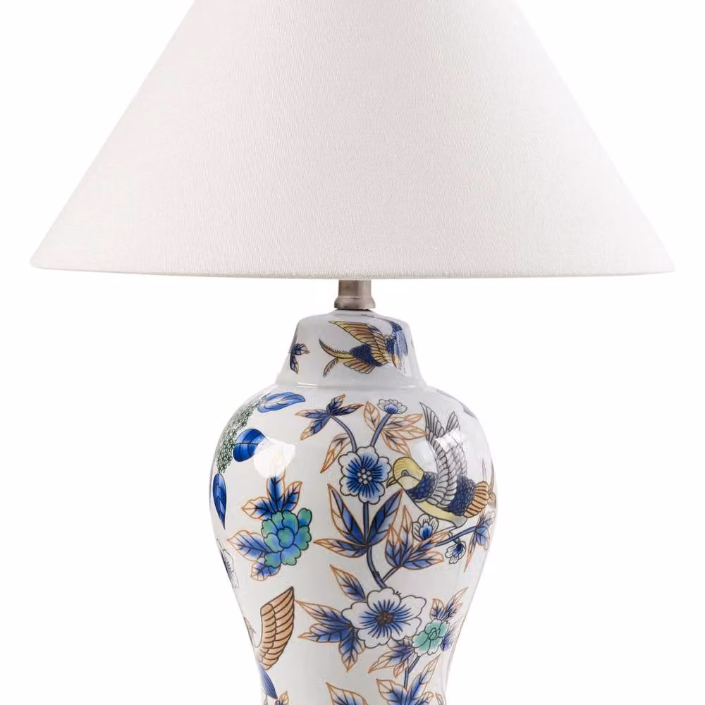 Wyld and Coco Ceramic Table Lamp with White and Blue Fabric Bell Shade – 2