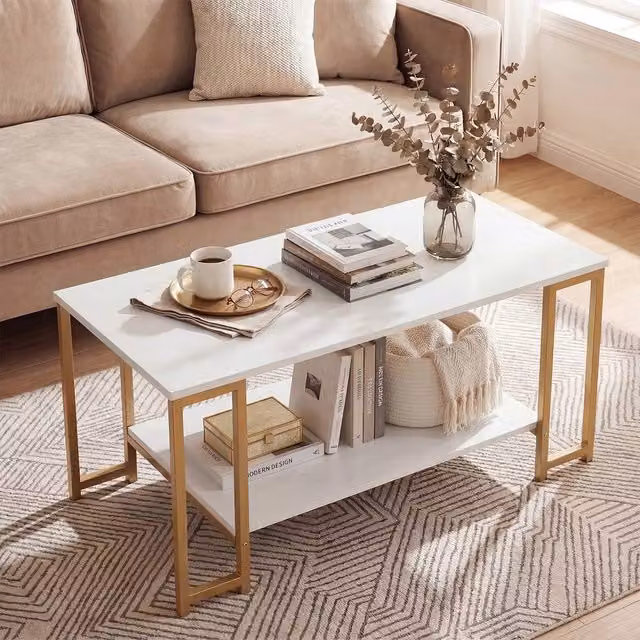 VOGREX Modern 2-Tier Square Metal Coffee Table in White, W/D/H: 49.5 x 73.0 x 49.5 cm