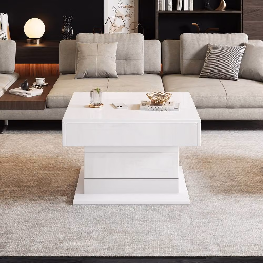 Matteo White High-Gloss Rotating Coffee Table with Lift-Top Storage, W/D/H: 70 x 70 x 70 cm – 1