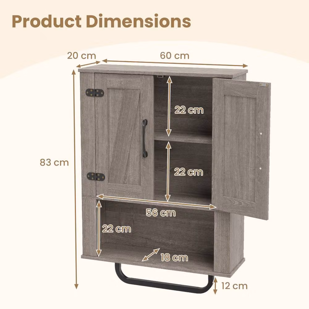 Costway Grey Rustic Wooden Wall Mounted Bathroom and Kitchen Storage Cabinet with Internal Shelves and Hinged Doors – 2