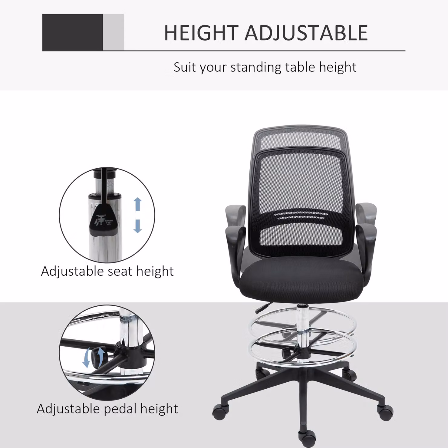 Vinsetto Ergonomic Mesh Back Drafting Chair with Foot Ring and 360 Degree Swivel, Black – 4