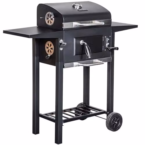 George Foreman Large Charcoal BBQ in Black, Portable Outdoor Smoker with Lid Cover, Adjustable Cast Iron Grill and Integrated Temperature Gauge, W/D/H: 109 x 103 x 46 cm