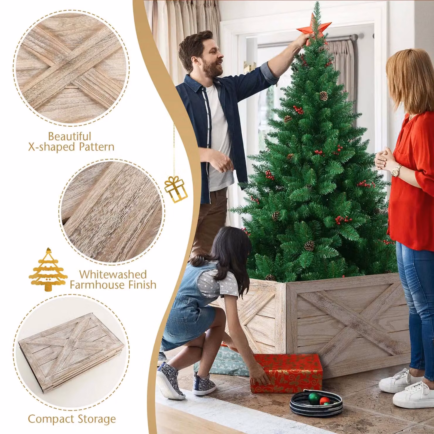 Costway Vintage Solid Wood Christmas Tree Collar Box in Brown with Hook and Loop Fastener – 4