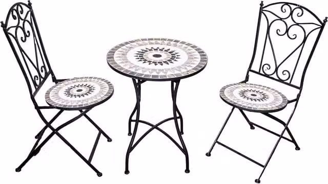 Shatchi Mediterranean Mosaic Bistro Set with Ceramic Round Table and 3 Folding Chairs in Black and Multicolour