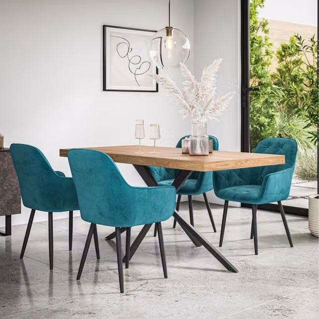 More4Homes Donni Dining Set with 6 Blue Velvet Anika Chairs and Oak Effect Table