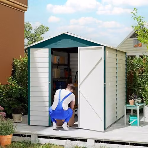 Outsunny Galvanised Steel Garden Storage Shed with Window and Lockable Door, White – 2
