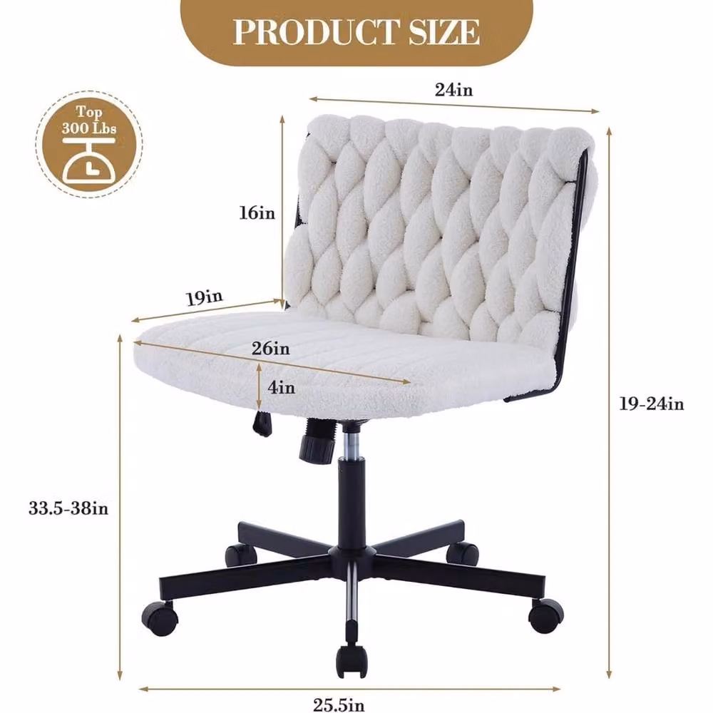 VOGREX Modern Armless Swivel Desk Chair with Castors in White Bouclé Fabric – 2