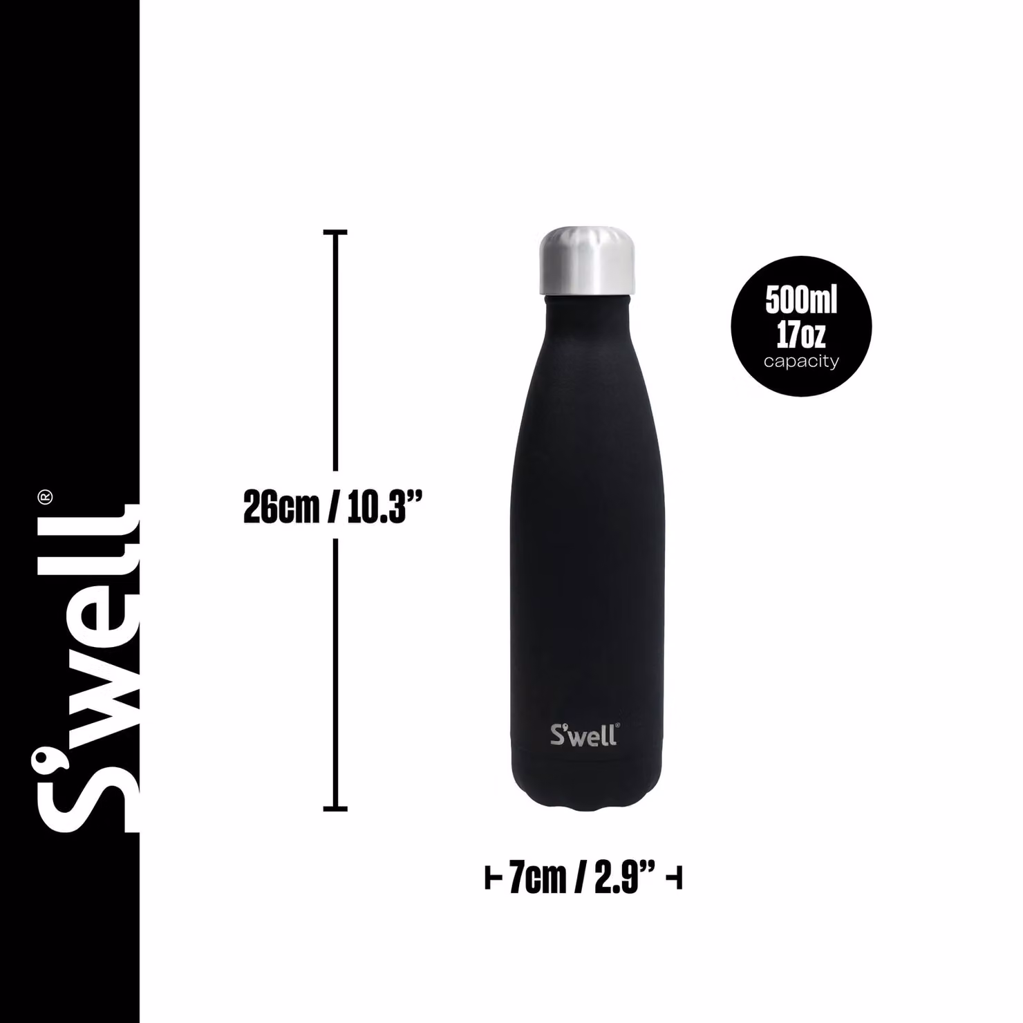 S'well Onyx Vacuum Insulated Stainless Steel Water Bottle, Black, 500 ml – 3