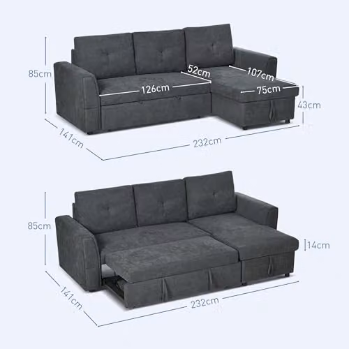 HOMCOM L-Shaped 3 Seater Pull Out Sofa Bed with Storage in Grey – 3