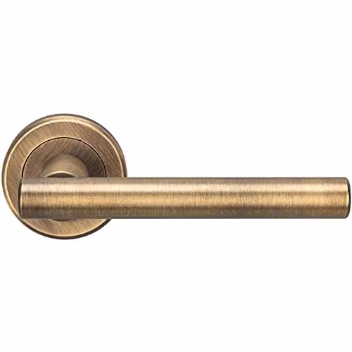 Loops Pair of Straight T-Bar Handles on Round Rose in Antique Brass with Concealed Fixings