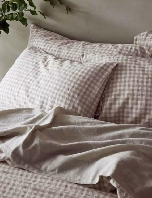 Piglet In Bed 2 Pack Pure Linen Gingham Pillowcases in Beige Checked Pattern