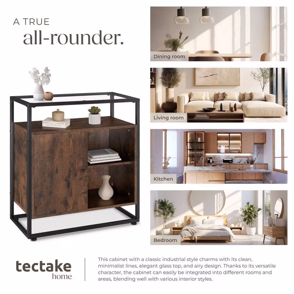 tectake Coventry Sideboard with Glass Tabletop and Open Shelves in Brown and Black – 7