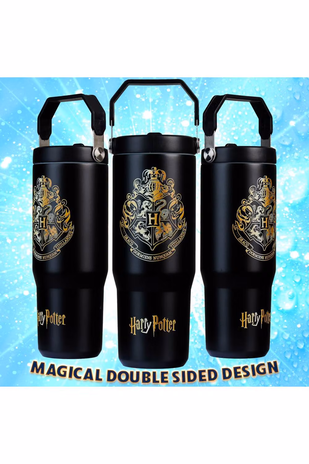 Get Trend Harry Potter Insulated Metal Travel Tumbler with Flip Up Straw and Handle, Black, 850ml – 11