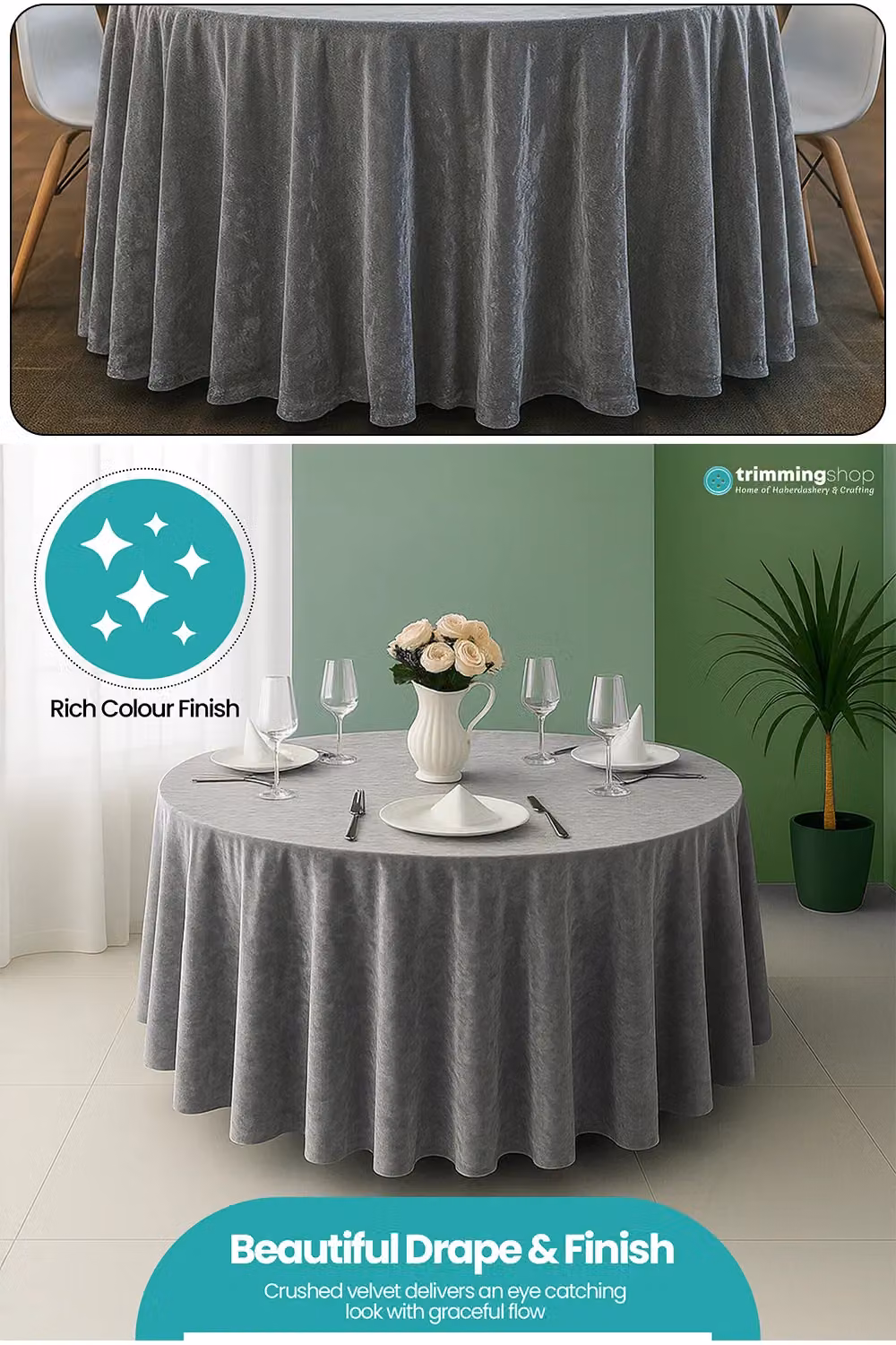 Neel Blue Diamond Velvet Round Tablecloth in Silver and Blue, Diameter: 228.6 cm – 3