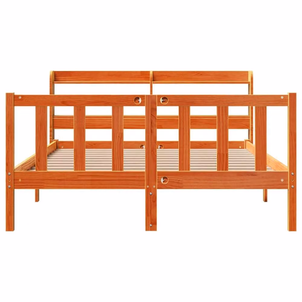 Berkfield Home Double Bed Frame with Headboard in Wax Brown Solid Pine Wood, W/D/H: 135 x 190 cm – 2