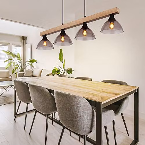 Globo Lighting Netlighting Industrial Bar Pendant Light in Black and Wood with Grey Glass Shades, 4x E14 Sockets, L 96 cm x W 17 cm x H 150 cm – 3