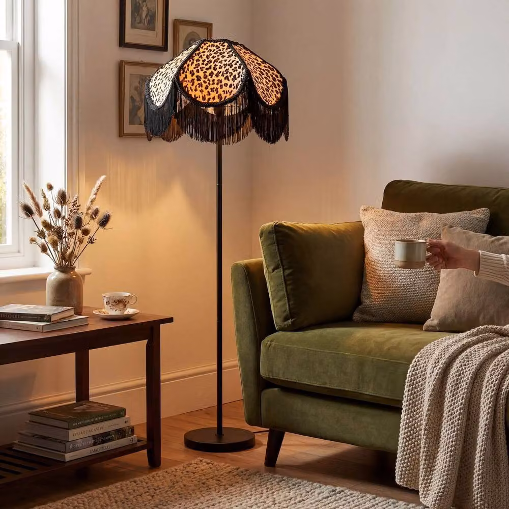 Happy Homewares Leopard Print Velvet Victorian Lamp Shade in Multicolour and Black with Tassels and Trims, Diameter: 36 cm – 5