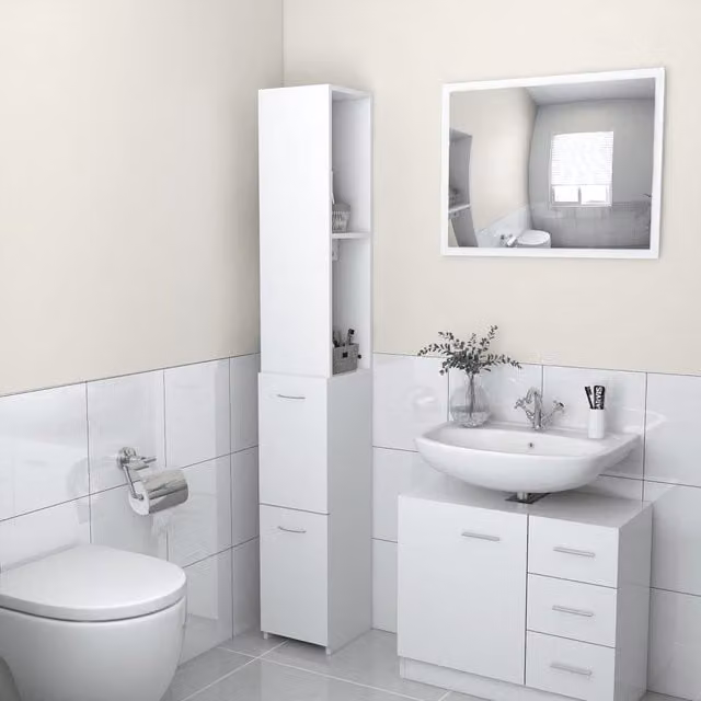 Berkfield Home White Modern Freestanding Bathroom Cabinet with Hinged Doors and Internal Shelves, W/D/H: 25 x 26.5 x 170 cm – 1