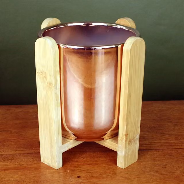 Leaf Gold Ceramic Planter with Bamboo Stand Tabletop Floral Plant Pot