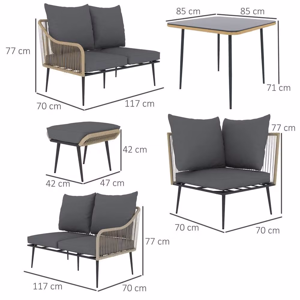 STILVORA 6-Seater Modern Sofa Set with Glass Top Table in Grey and Light Brown – 3