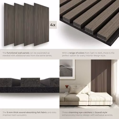 tectake Set of 4 Acoustic Wall Panels with Real Wood Veneer and MDF, Grey, W: 120 cm, D: 60 cm, H: 2.1 cm – 4