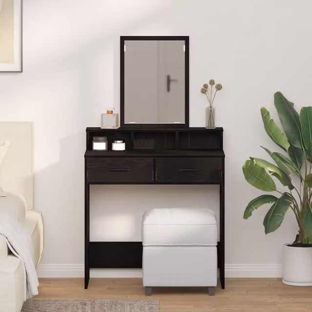 Berkfield Home Modern Black Oak Vanity Table with Glass W/D/H: 79 x 41 x 140 cm – 1